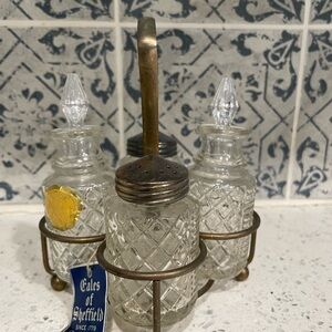 Vintage Glass Cruet Set with Metal Holder